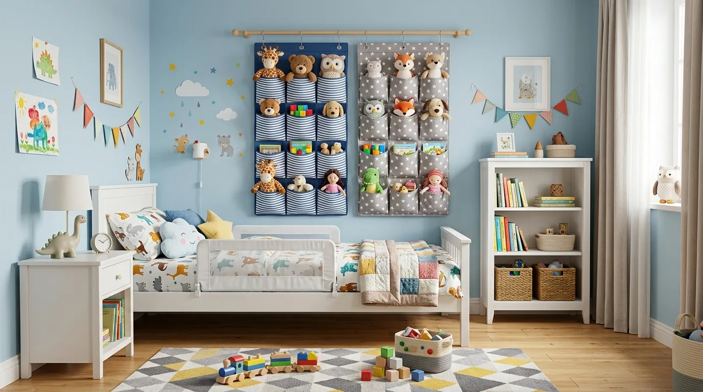 Hanging fabric toy storage in a kids room